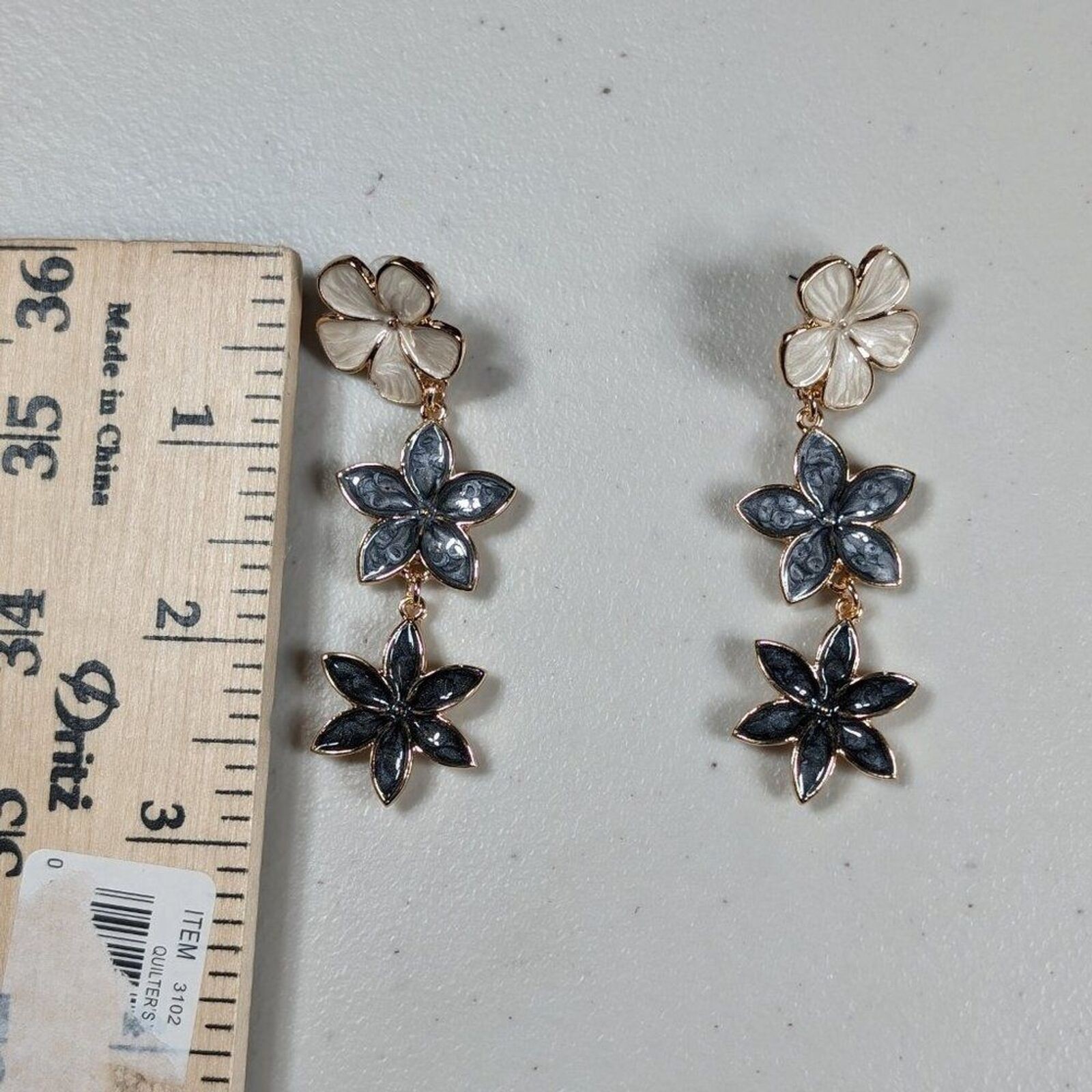 Womens Earrings Three Flower White Grey Black Zinc Alloy Enamel Boho Earrings