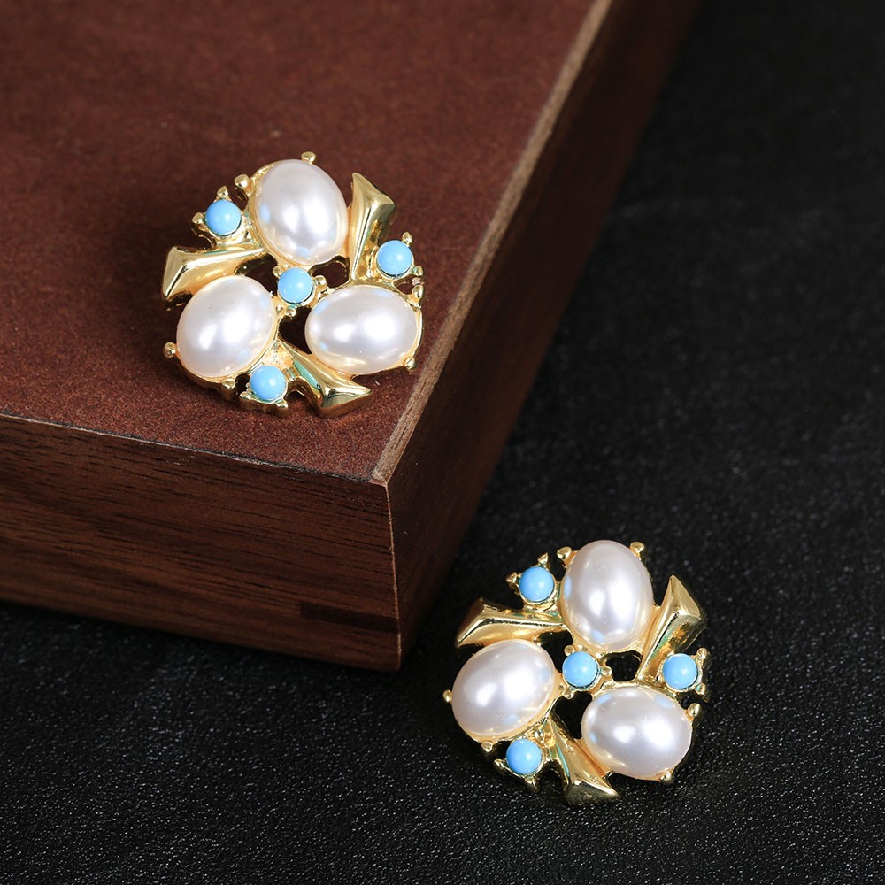 Handmade Gold Plated Faux Pearl Flower Necklace Bracelet Stud Earrings Set
