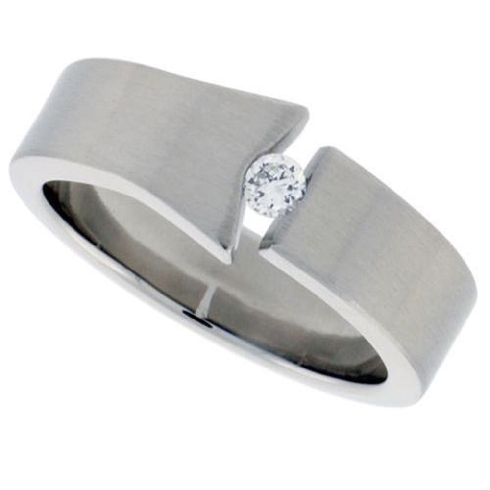 Stainless Steel Tension Set CZ Stone Flared Edge Matte Finish Wedding Band Ring