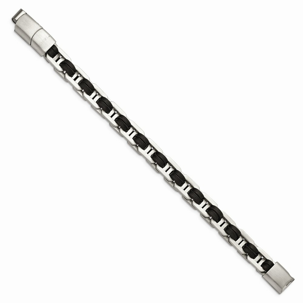 Stainless Steel Brushed with Black PU Leather w/.5in ext 7.75in Link Bracel