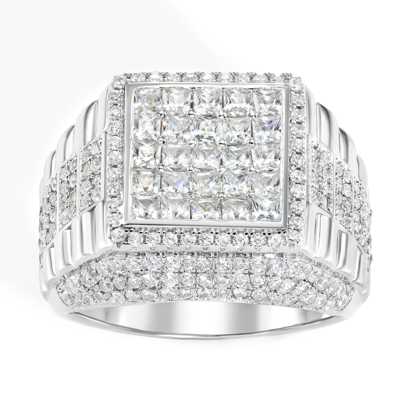 Solid 925 Sterling Silver Princess-Cut Square Pave Signet Wedding Pinky Ring