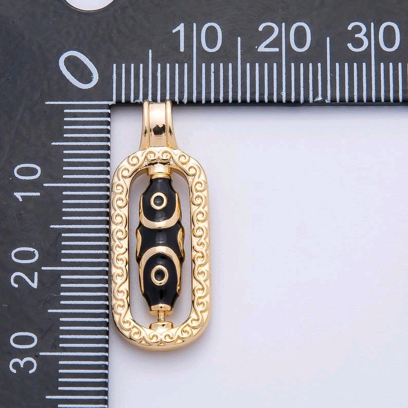 18k Gold Filled Black Enamel Tibetan Dzi Bead Drop Pendant, Ethnic Protective St