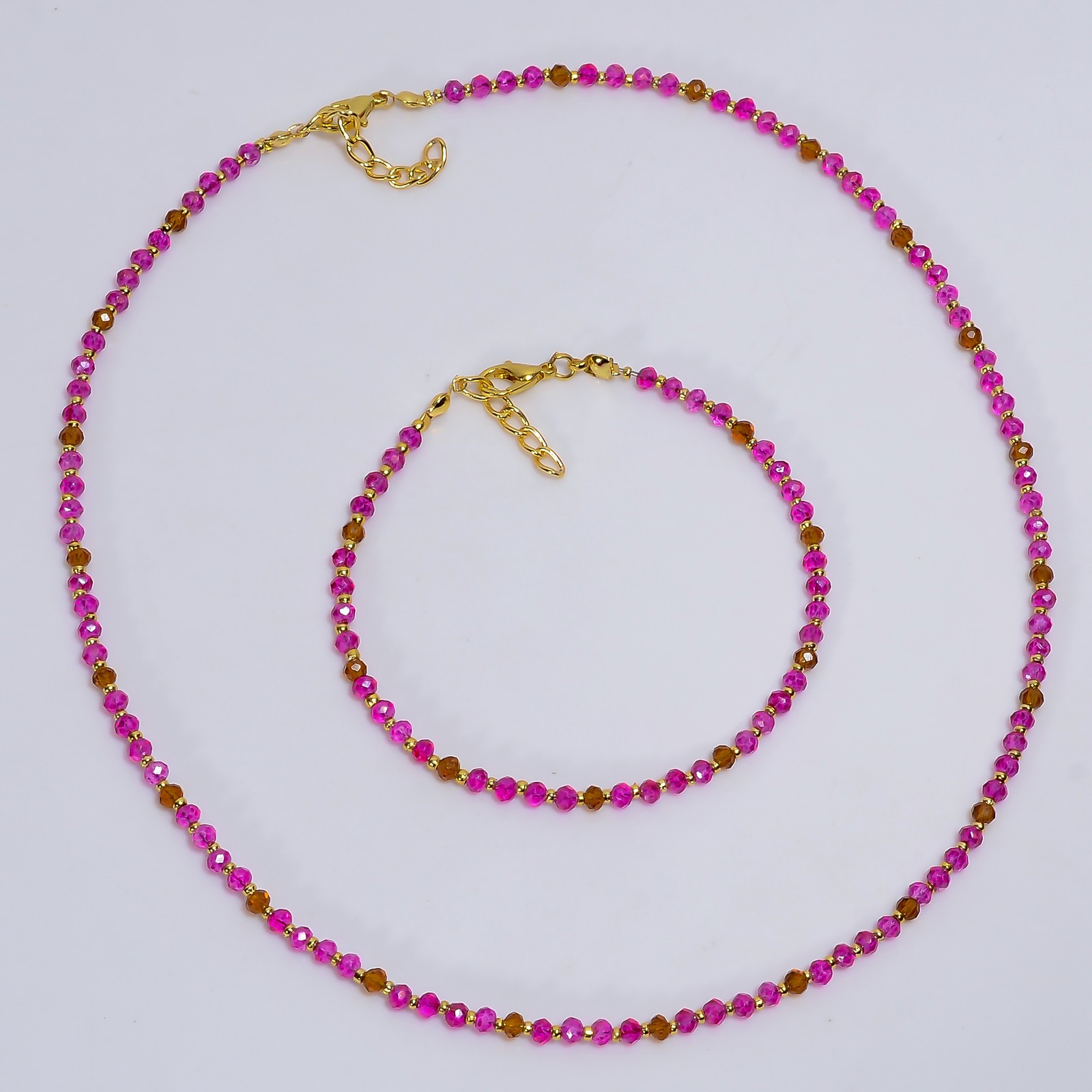 Pink Garnet Citrine Gemstone Round Ethnic Handmade Jewelry Set 8-9″ 18-19″ a481