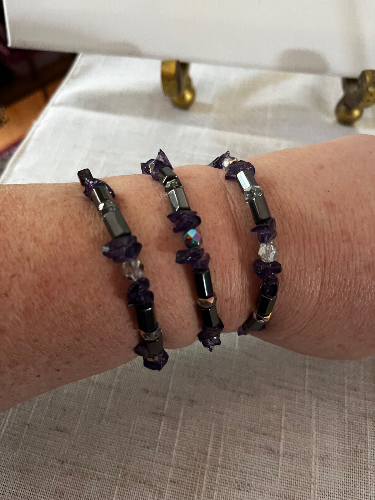 Hematite Scalloped Rectangle Round & Dark Purple Barrel Stretch Bracelet…