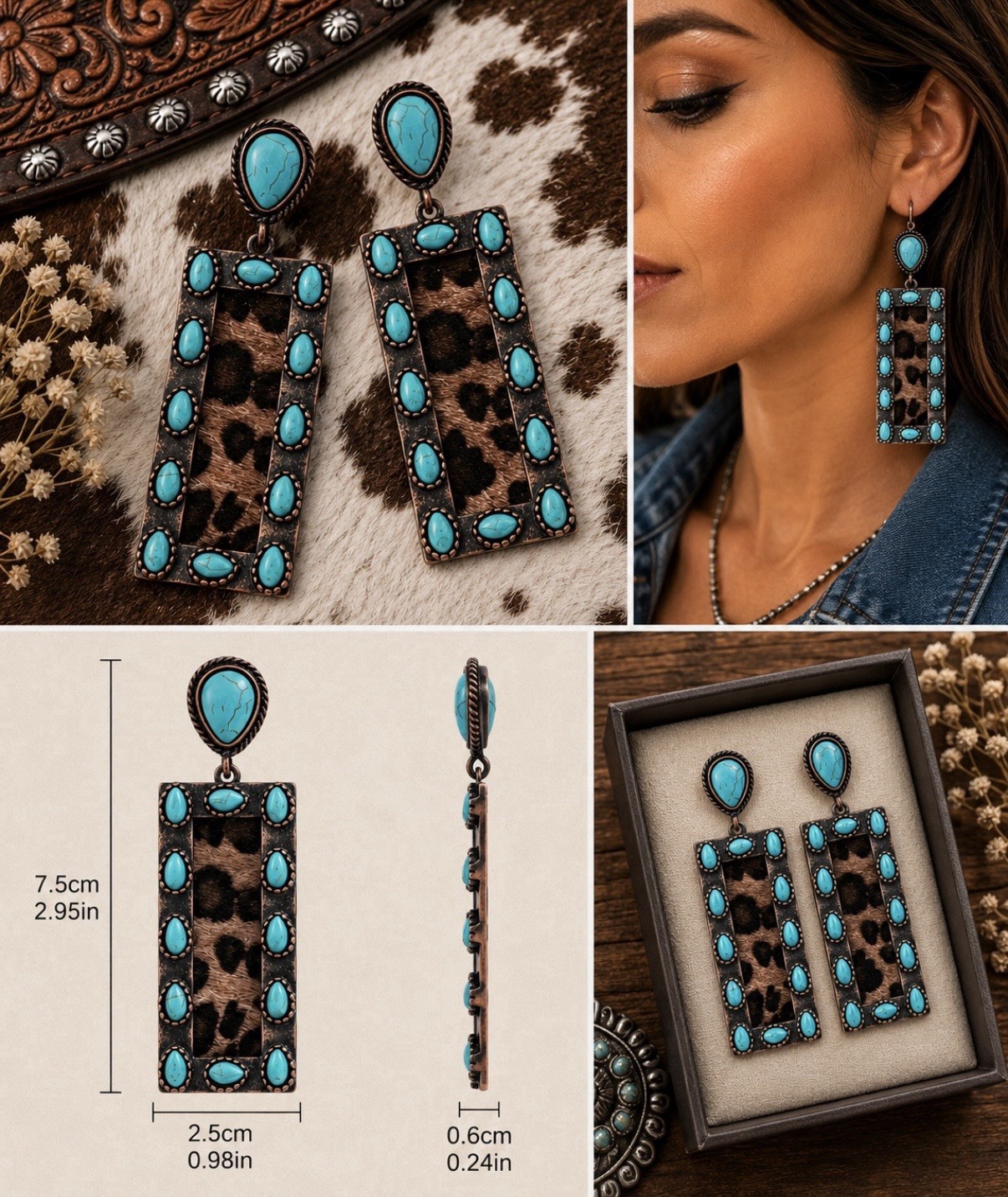 Turquoise Western Faux Leather Leopard Rectangle Dangle Earrings Hook 7.5 cm