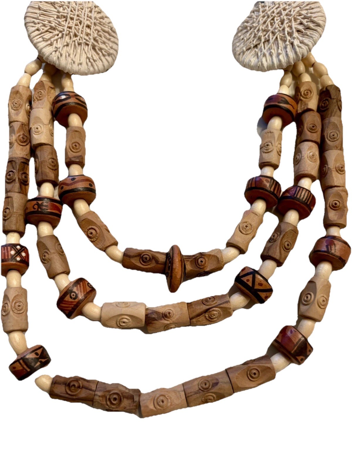 BOHO Tribal Chunky Wood Beaded Necklace Multi Triple Strand Statement 24-28”
