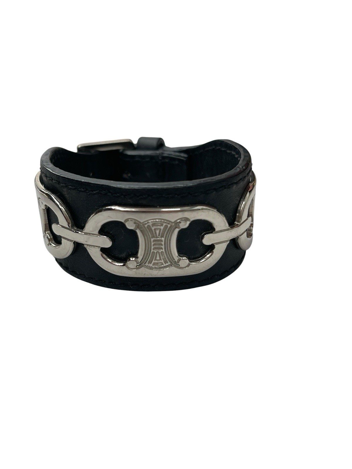 Celine Triomphe Bracelet Black Leather Cuff Silver Hardware
