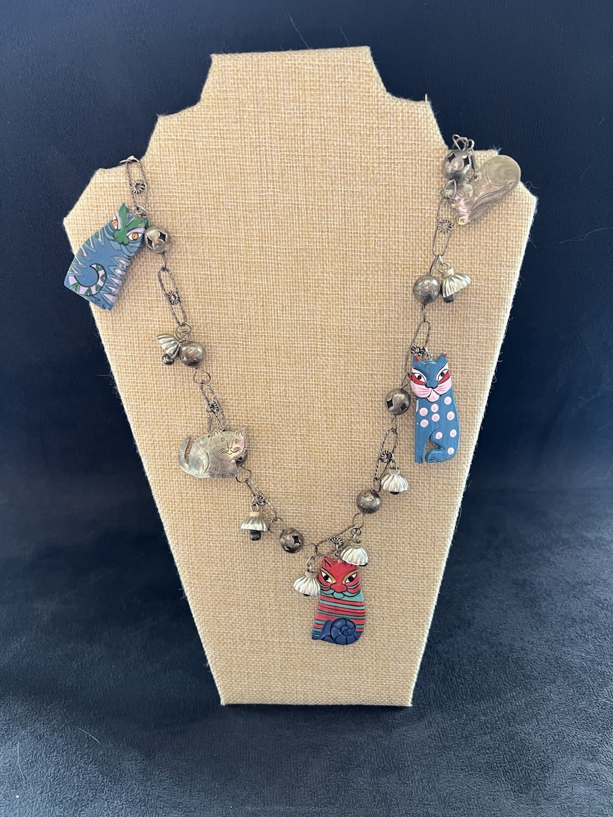 Silver Tone Metal Laurel Burch Style Handmade Necklace Wooden Handpainted Cats