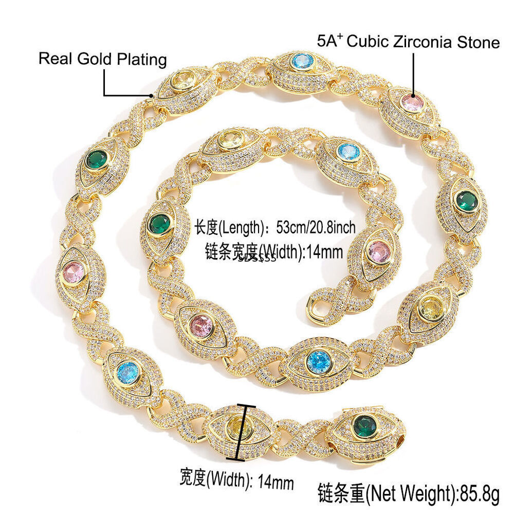 Cuban Chain Necklace Bracelets Zircon Mens Jewelry Hip Hop Colorful Eye