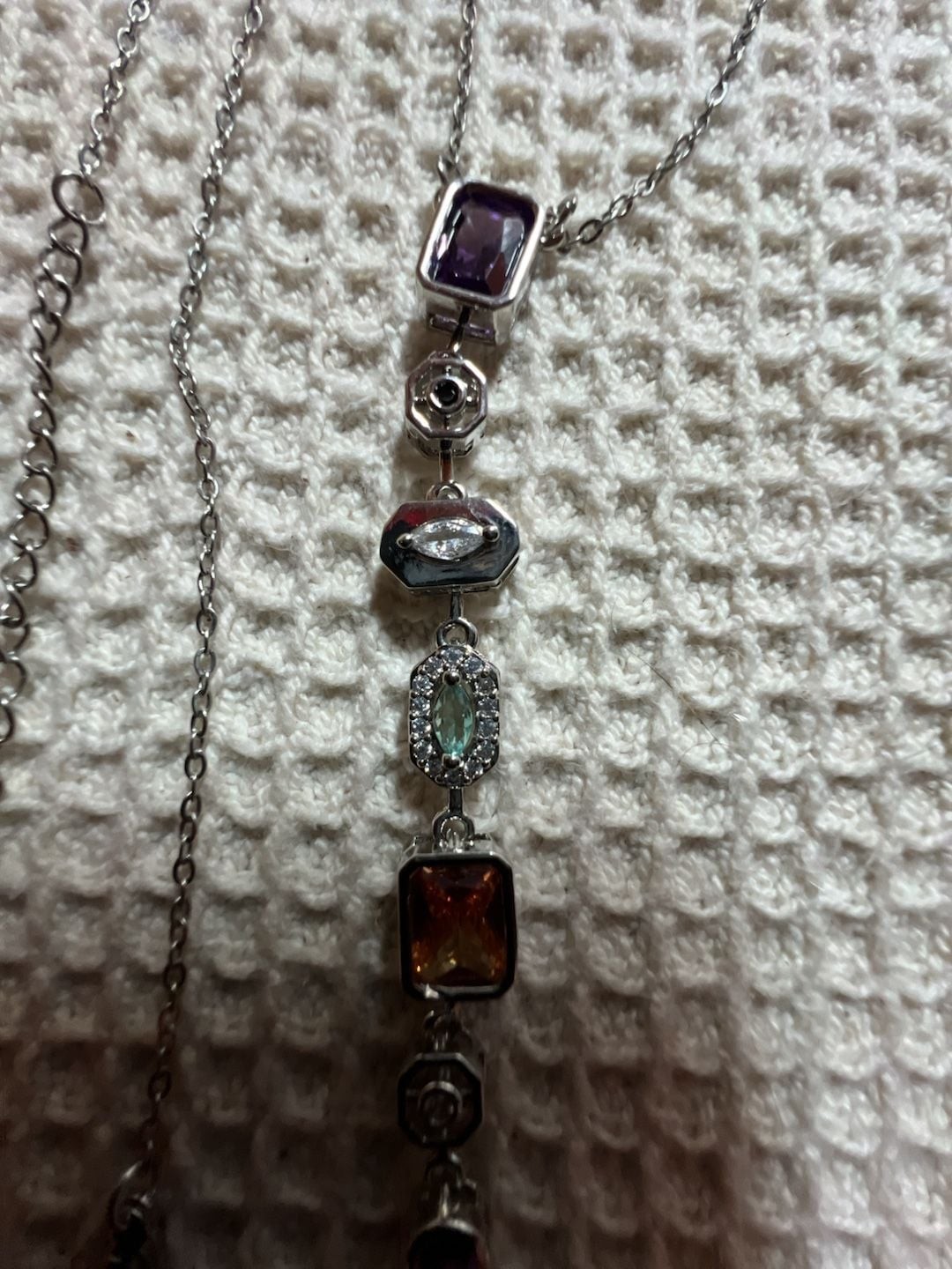 Multi-Stone Vertical Bar Lariat Necklace in Stainless Steel with Faceted Gemston