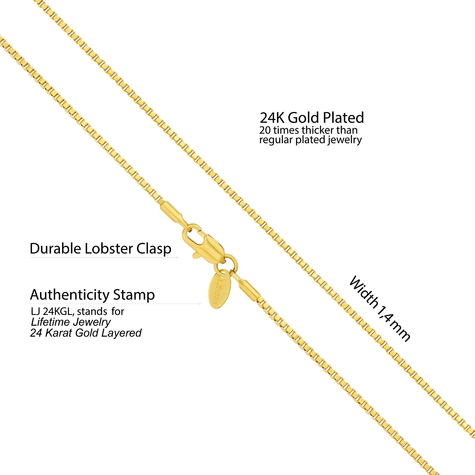 1.4mm Box Chain Necklace for Men & Women – 24k Real Gold Plated Jewelry