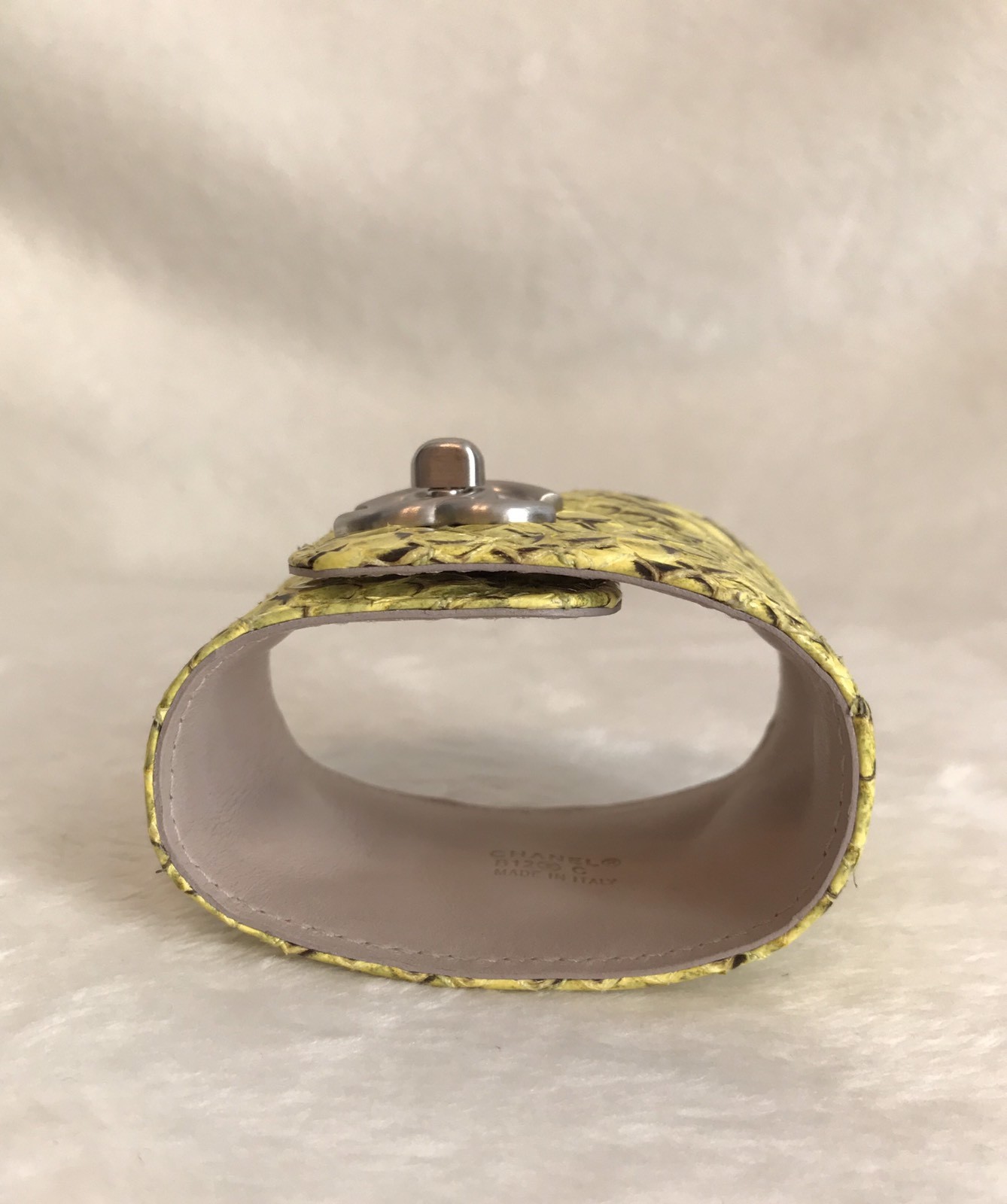 NIB CHANEL Yellow Black Python, Silver CC LOGO CUFF BRACELET, MEDIUM, 7.5”