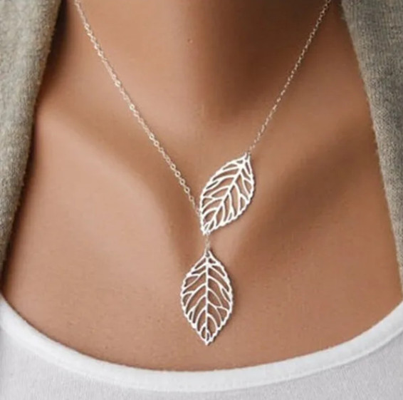 Beautiful Silver Double Leaf Stranded Necklace, Fashion Jewelry Womans, Gift