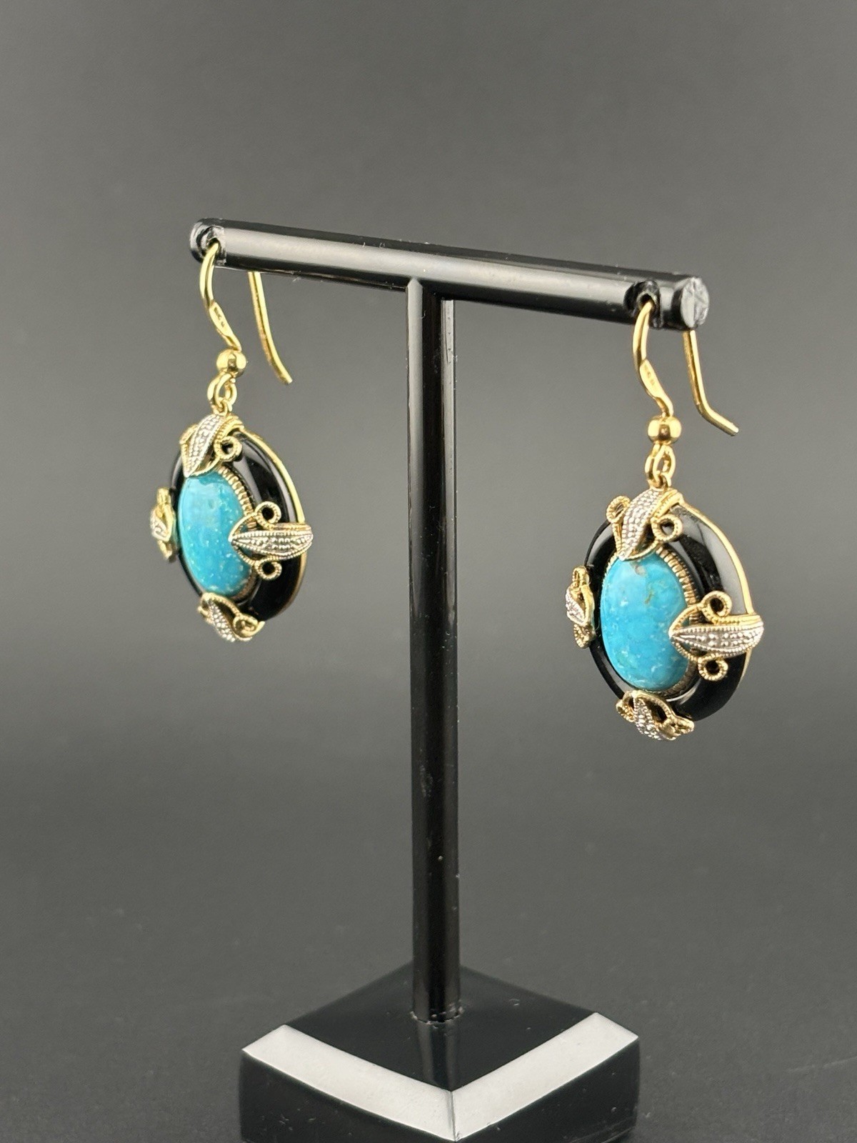 Genuine Turquoise Black Onyx 925 Sterling Silver Gold Tone Dangle Earrings