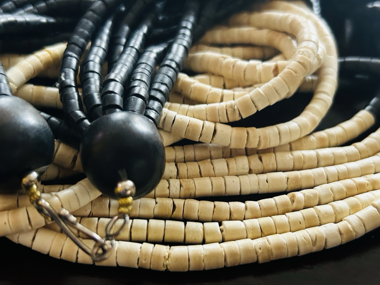 Coconut Shell Necklace 8 Strand Black and Ivory Tribal Unique Ethnic 32 in