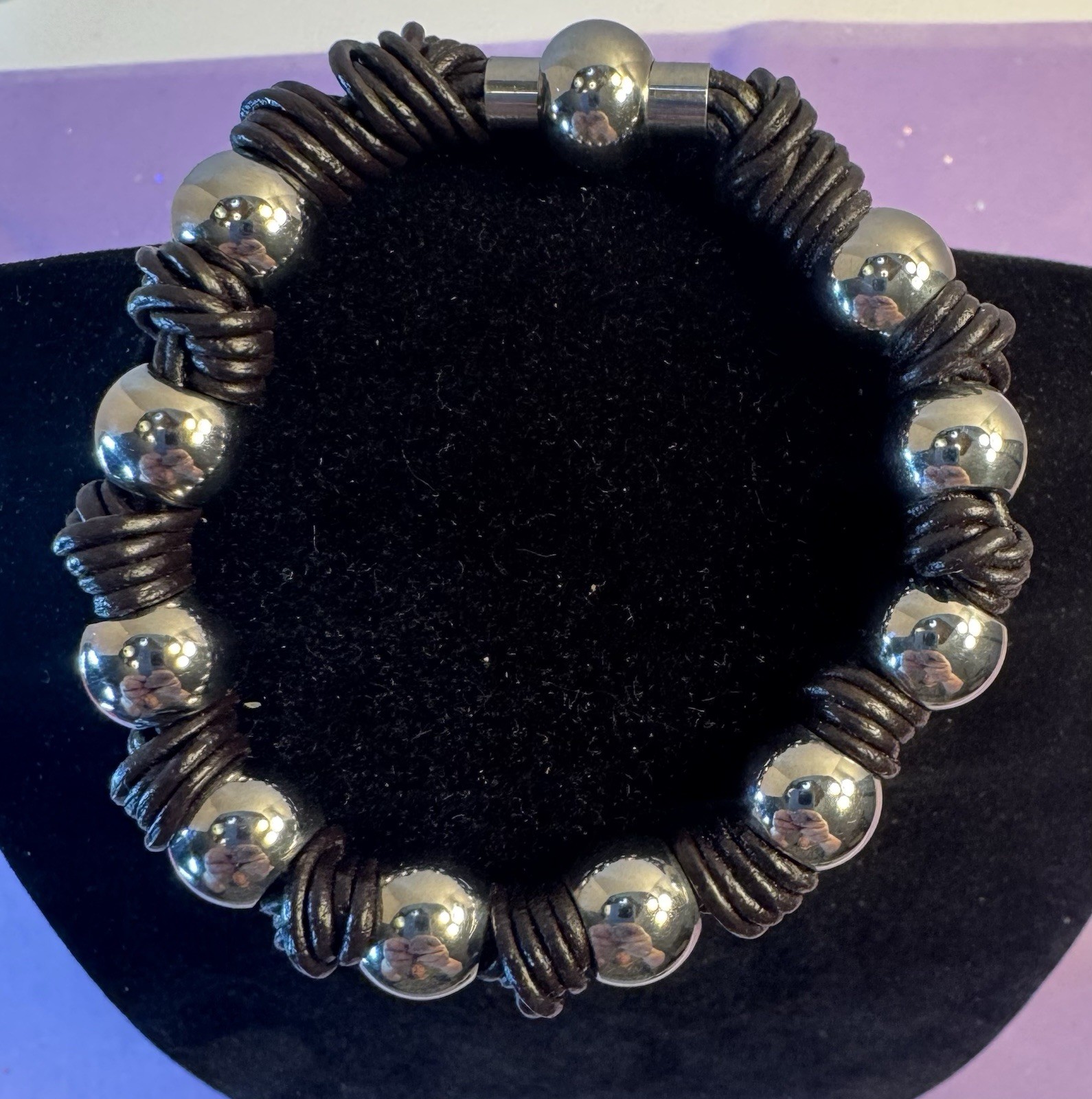 Cowhide Leather And Silver Tone Bracelet With Magnetic Closure
