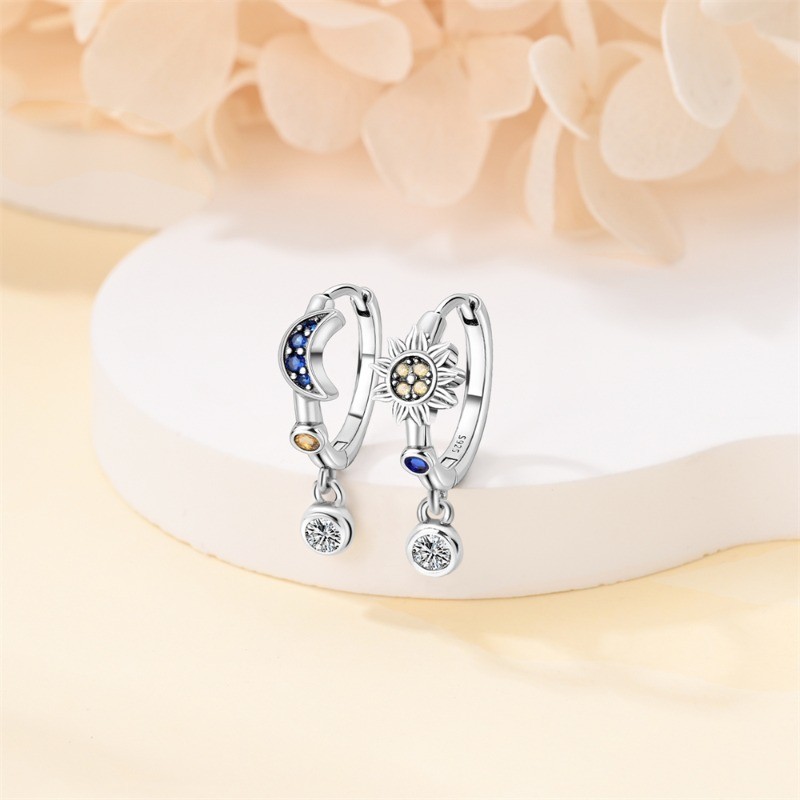 PANDACH 925 Sterling Silver Tiny Moon & Star Huggie Earrings For Women Jewelry