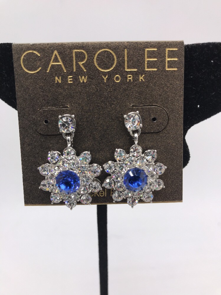 $40 Carolee Blue & Clear Crystal Flower Drop Earrings C1A