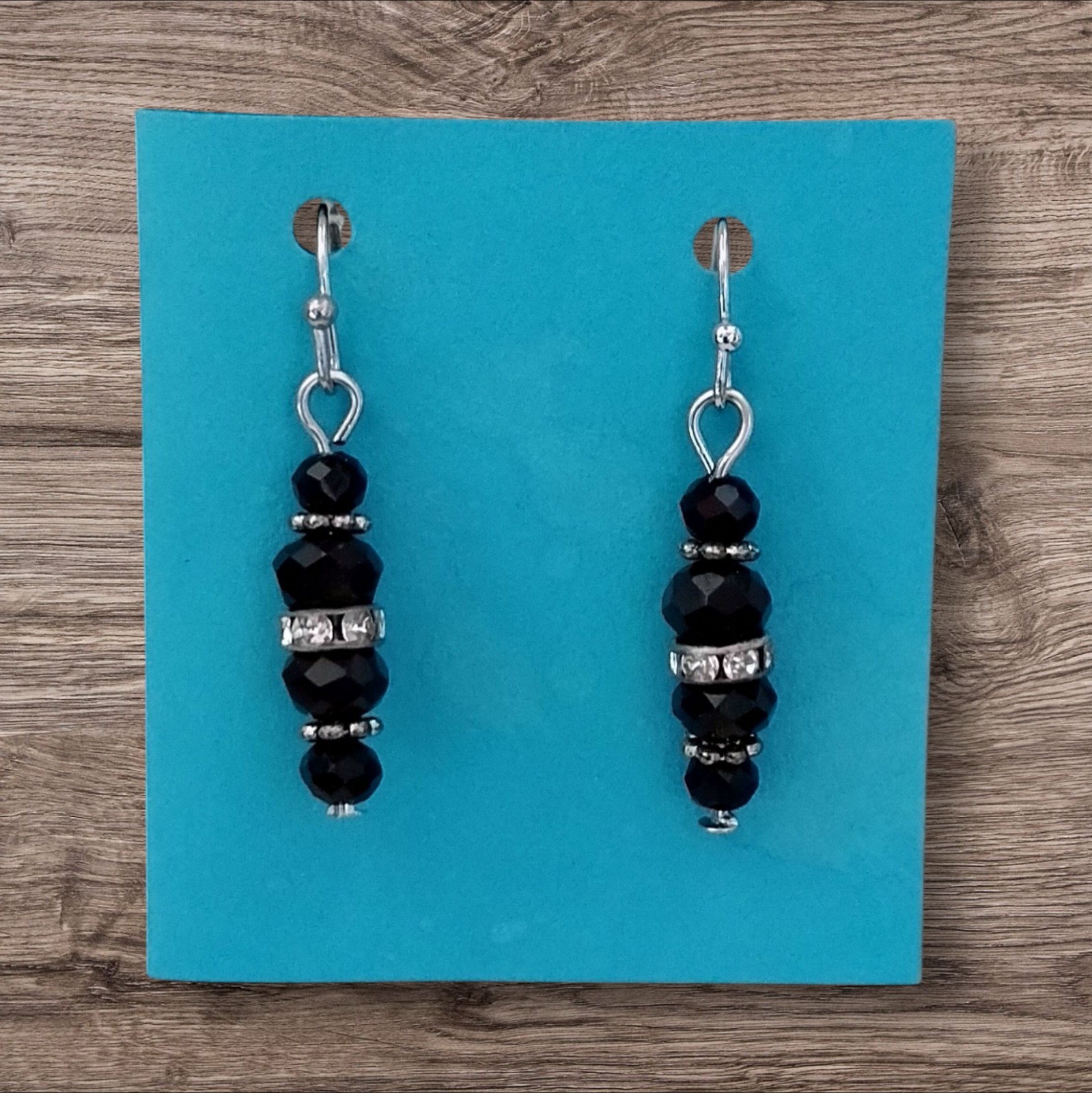 Handcrafted SILVERTONE BLACK BEADS Dangle Earrings HYPOALLERGENIC LOOPS STOPPERS