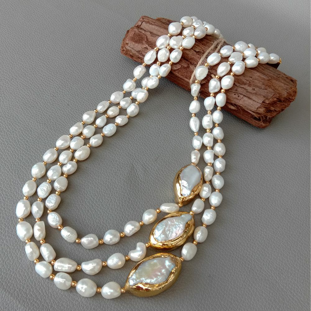 3 rows Cultured Baroque Pearl Necklace Keshi Pearl Gold Plated Connector 20″