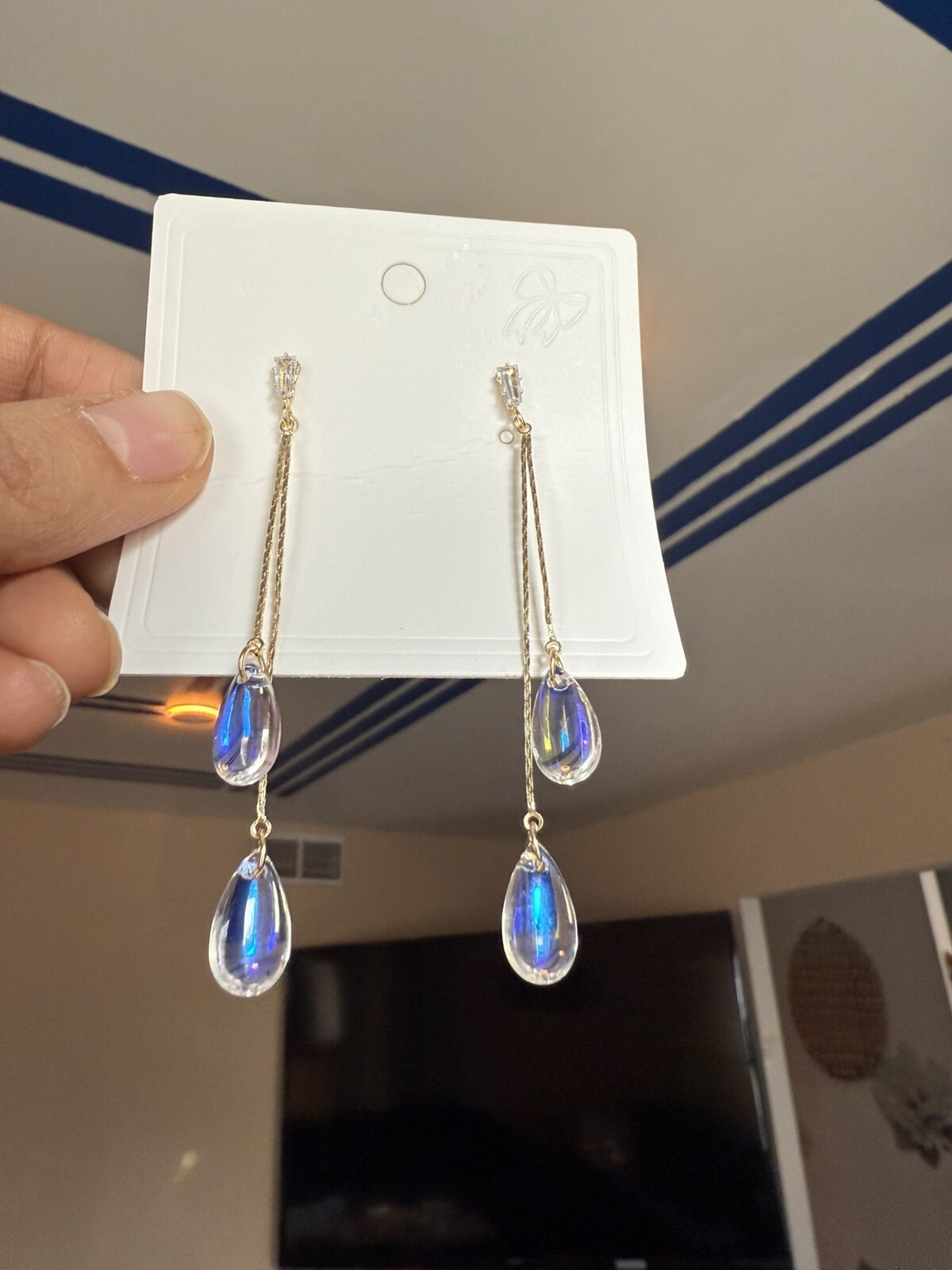 Long Aurora Borealis Earrings Iridescent Dangle Clear Rainbow Crystal Earrings