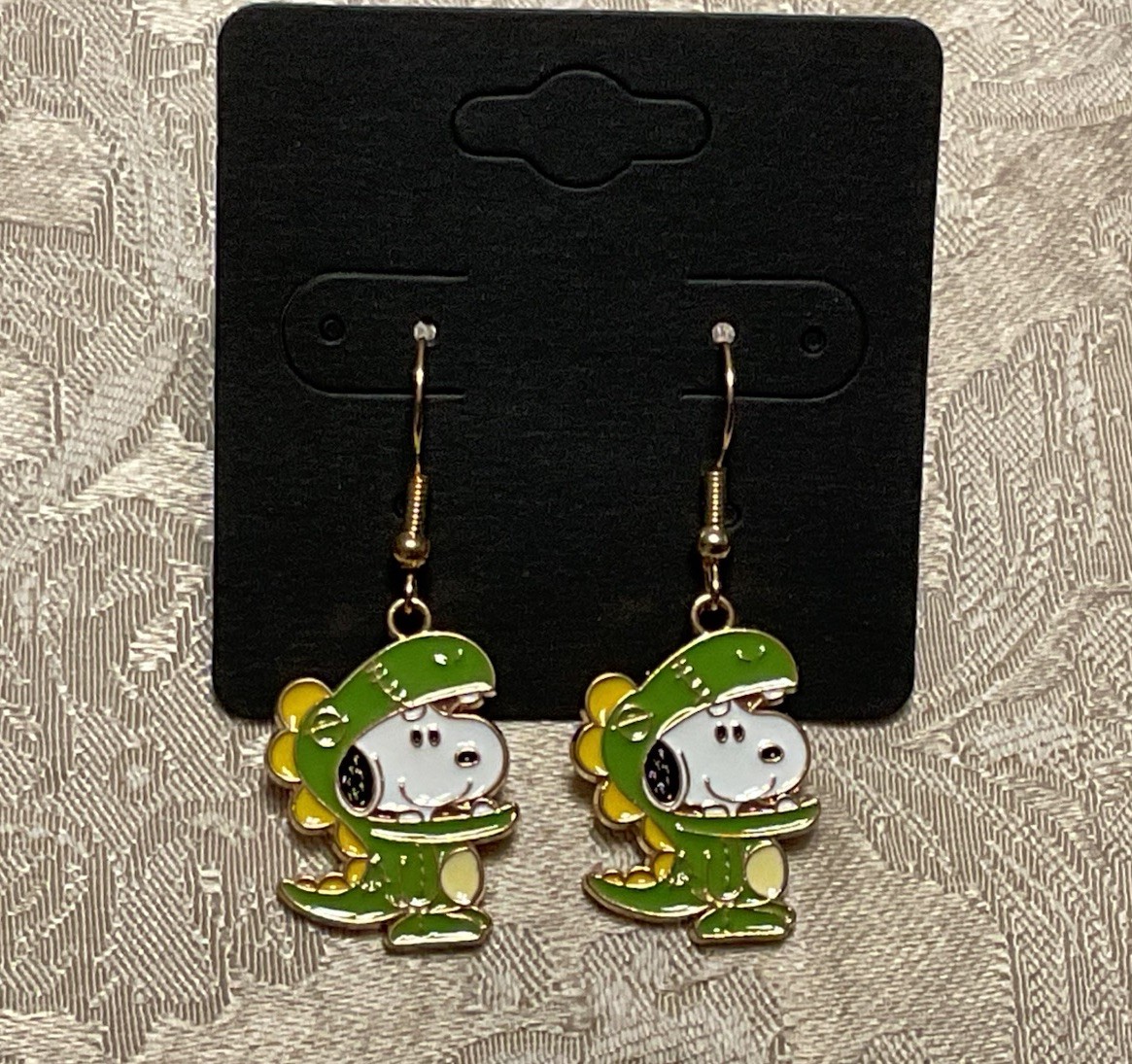 Snoopy Dinosaur Gold Loop Enamel Drop Dangle Adorable Whimsical Earring Set