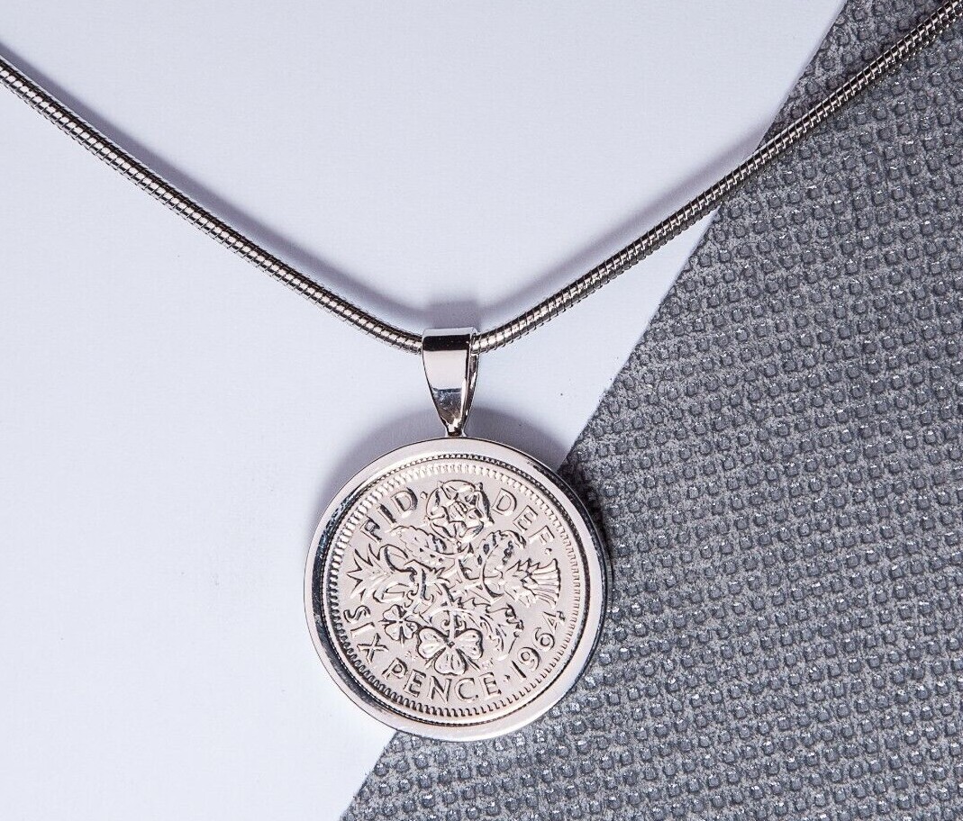 1964 60th Birthday Lucky Sixpence 6d Coin Pendant – Choose the Metal Colour