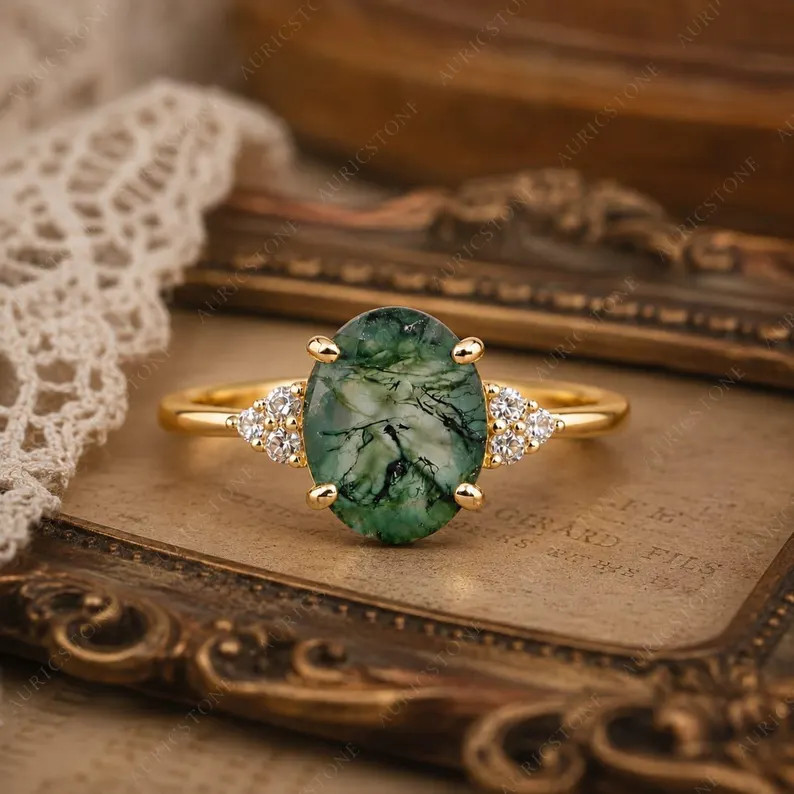 Lab Created Green Moss Agate Ring, Base Metal: Brass Finish: Gold Plated