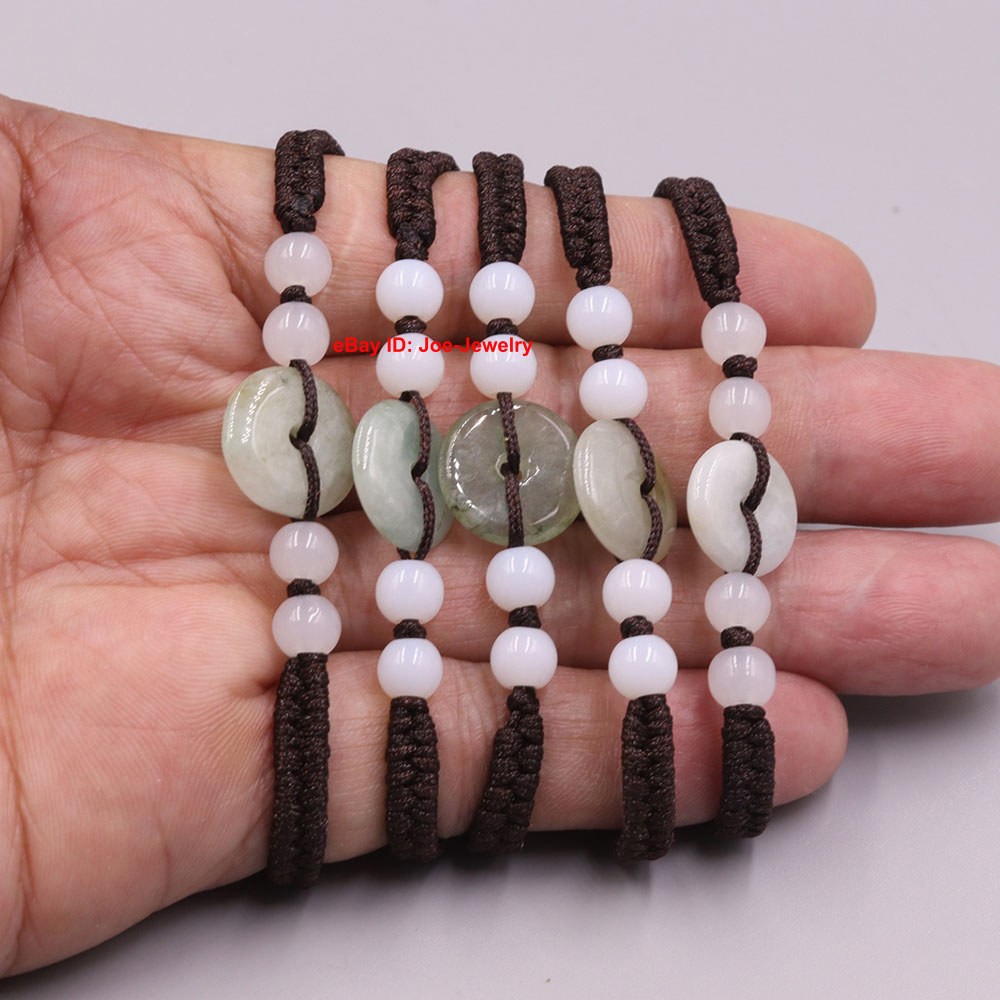5pcs Natural Jade Round Circle Bead Black Knitted Bracelet Adjustable 15-16.5cm