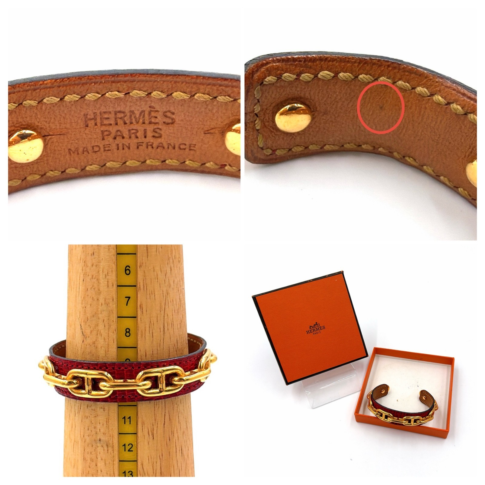Hermes Chaine d’Ancre Cuff Bangle Lizard Leather Red Gold Chain Link Box Auth