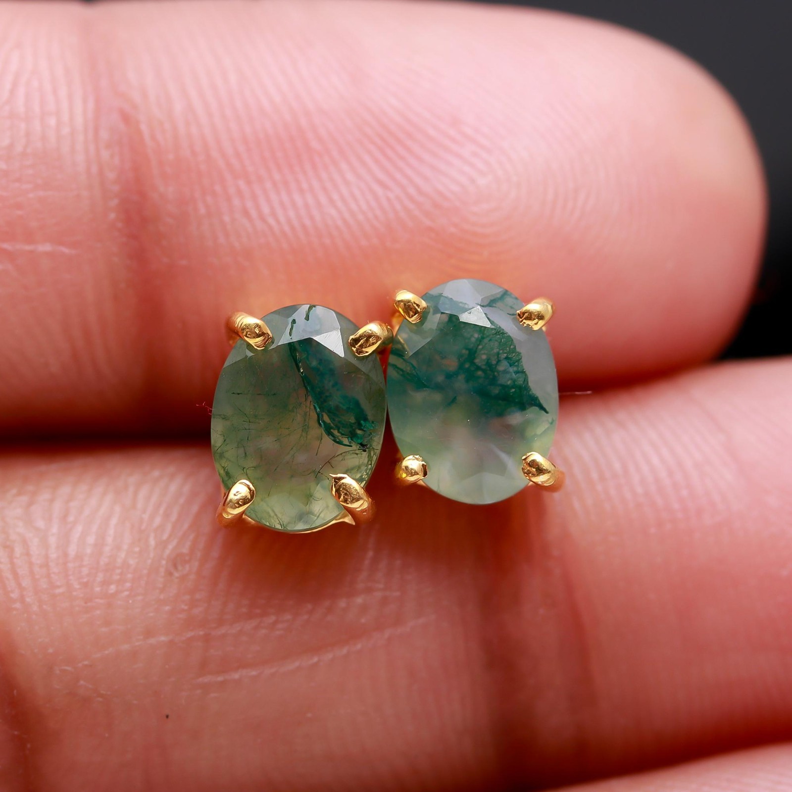 Natural Moss Agate Oval Stud Earrings Gold Plated 925 Sterling Silver Jewelry