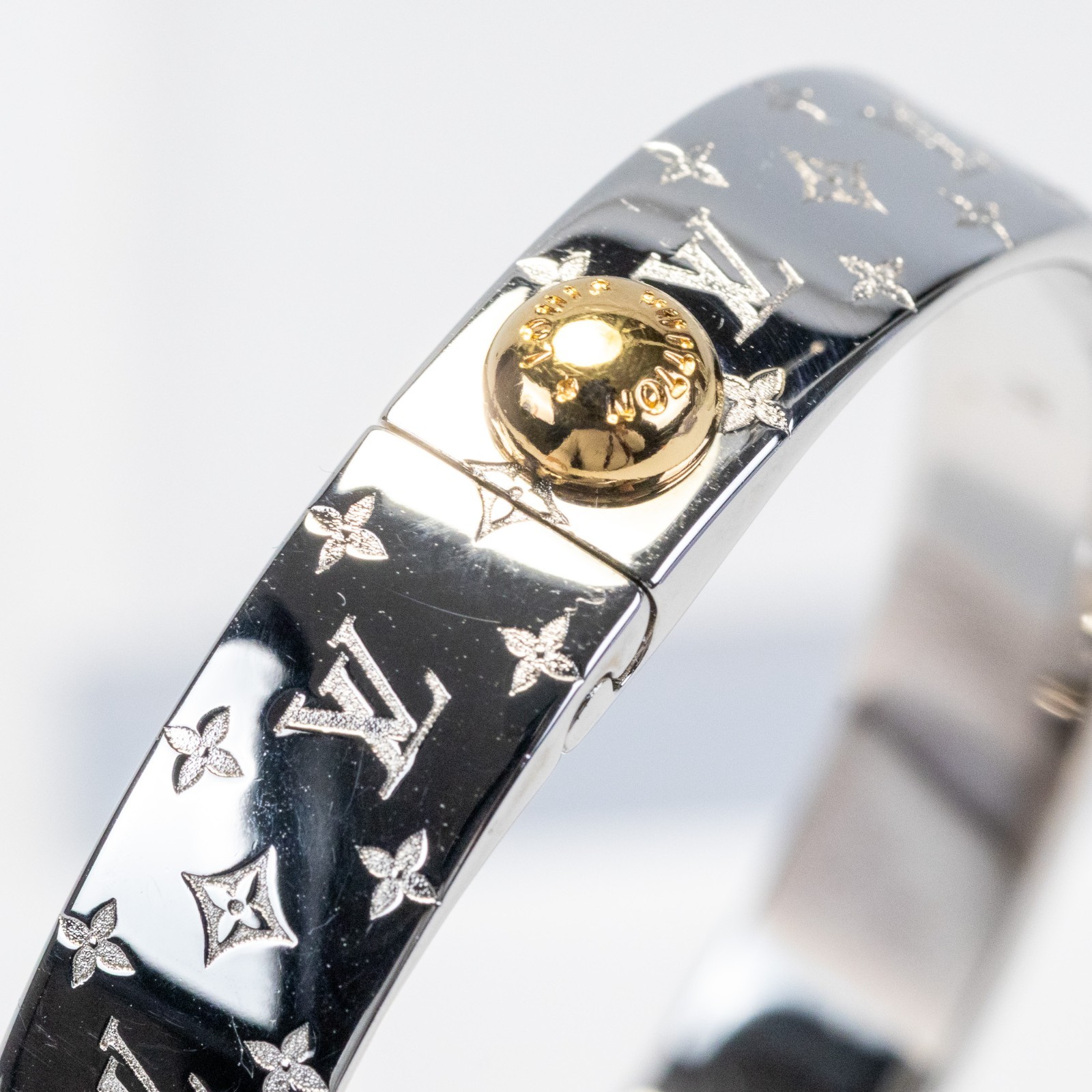 Louis Vuitton LV Nanogram Cuff Bracelet M00250 Bangle Silver Tone Size M