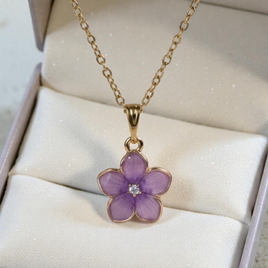 Purple Camellia Flower Enamel Pendant Gold Necklace Bohemian Floral Jewelry