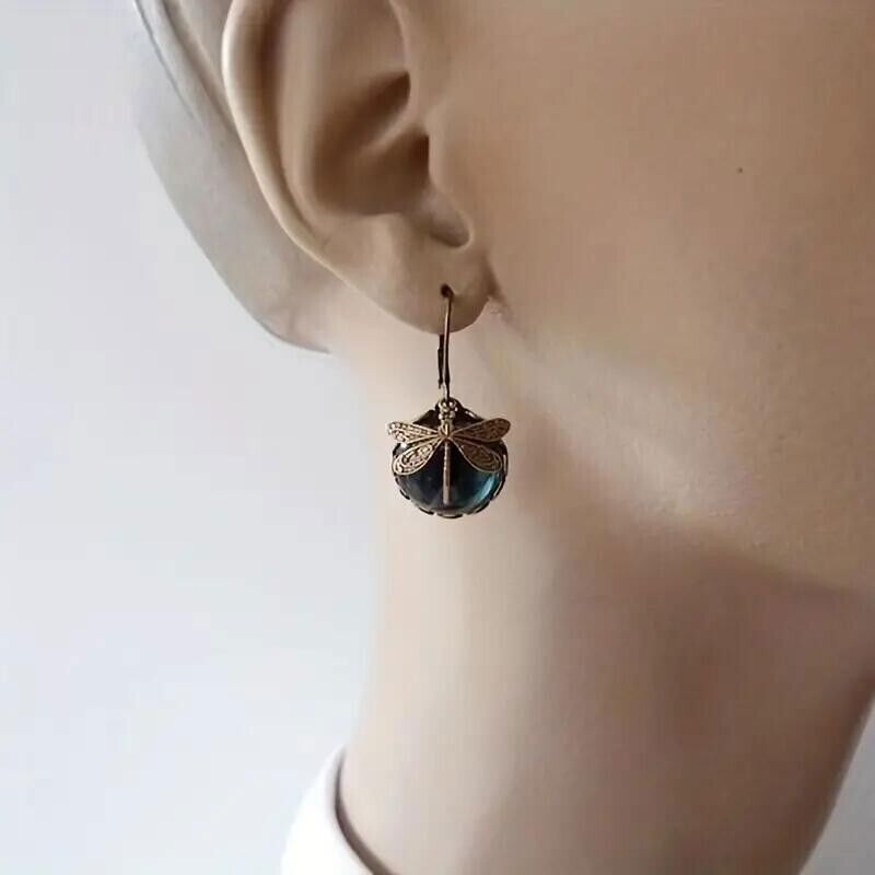 Earrings Women Vintage Boho Dragonfly Teal Blue Crystal Dangle Jewelry Party New