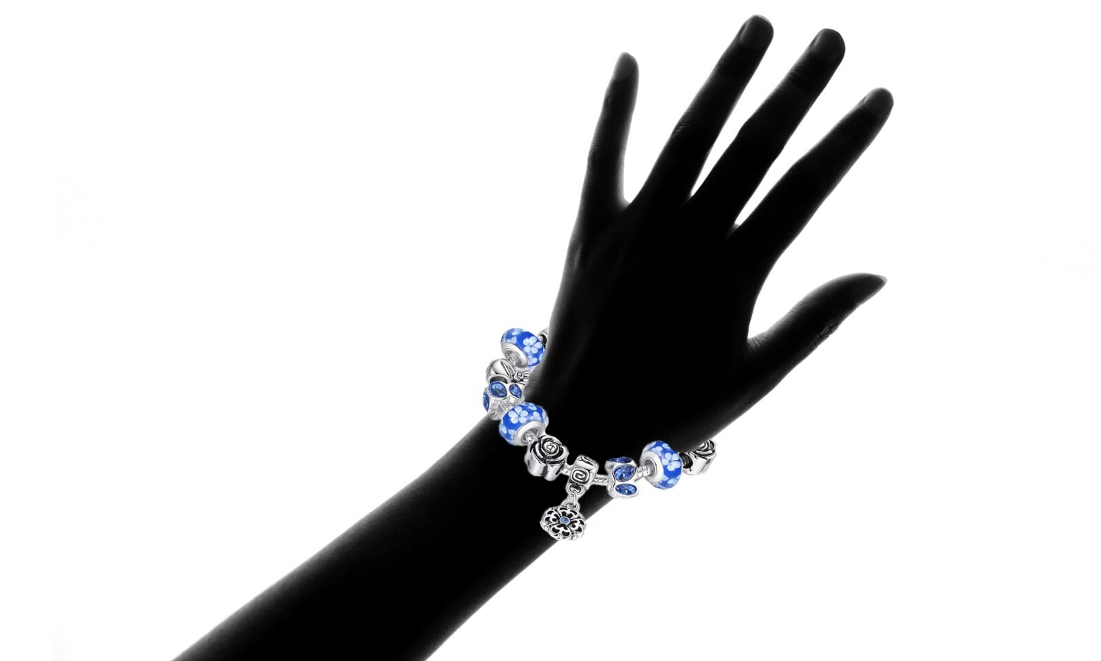 18K White Gold Plated Blue Flower Crystal CZ Charm Bracelet Made with Swarovski