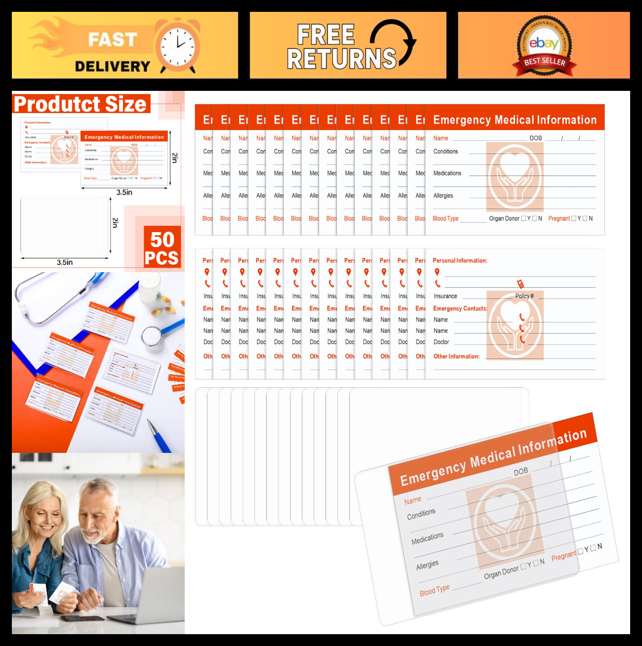 50 Emergency Medical ID Cards & Sleeves – Bright Red Contact & Medication List f