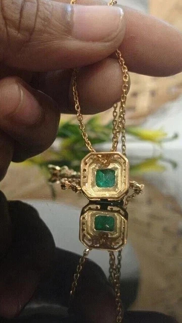 2Ct Asscher Cut Simulated Green Emerald Halo Pendant In 14k Yellow Gold Plated