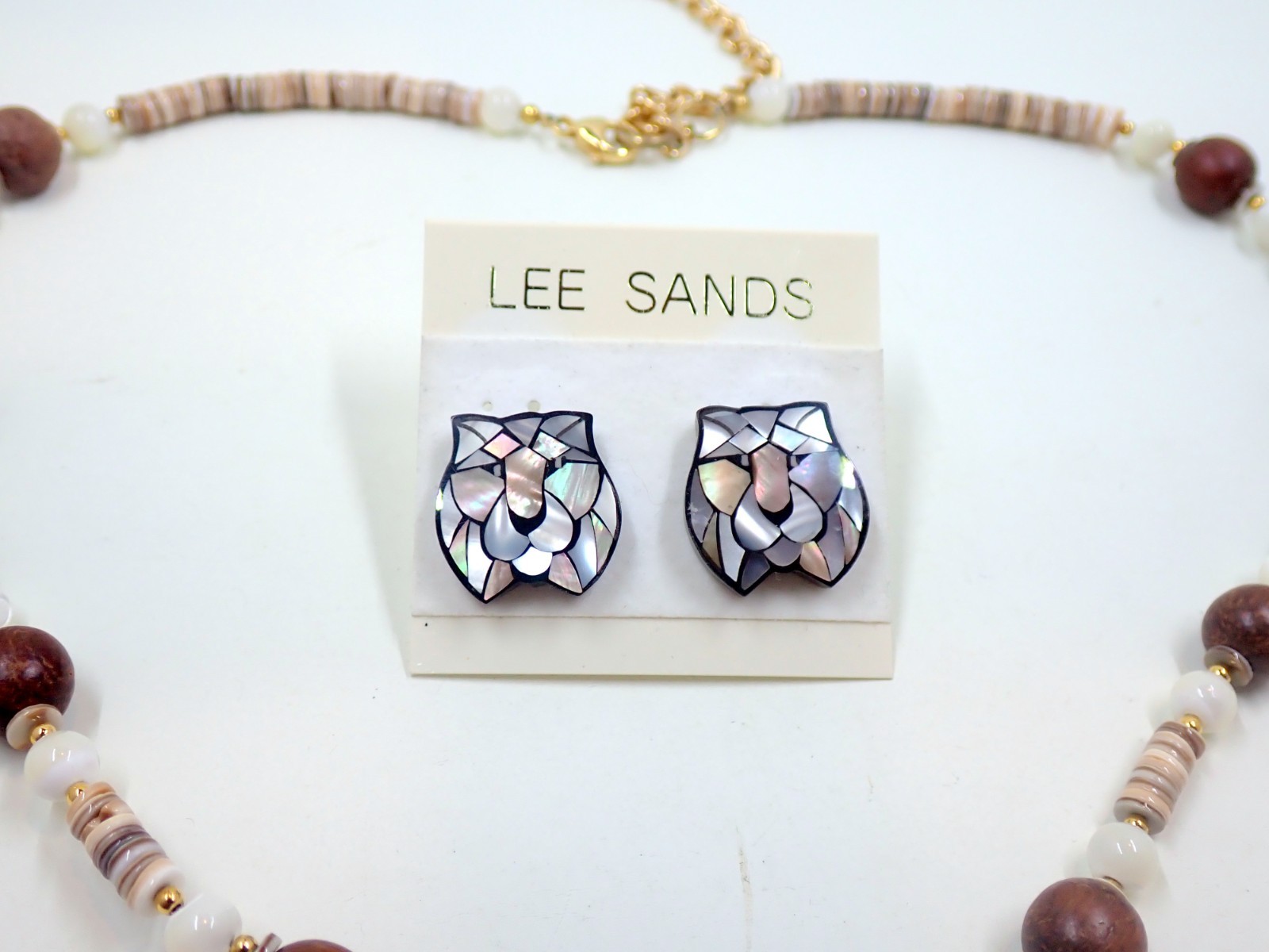 Lee Sands Lion Pendant Necklace Beaded with Earrings