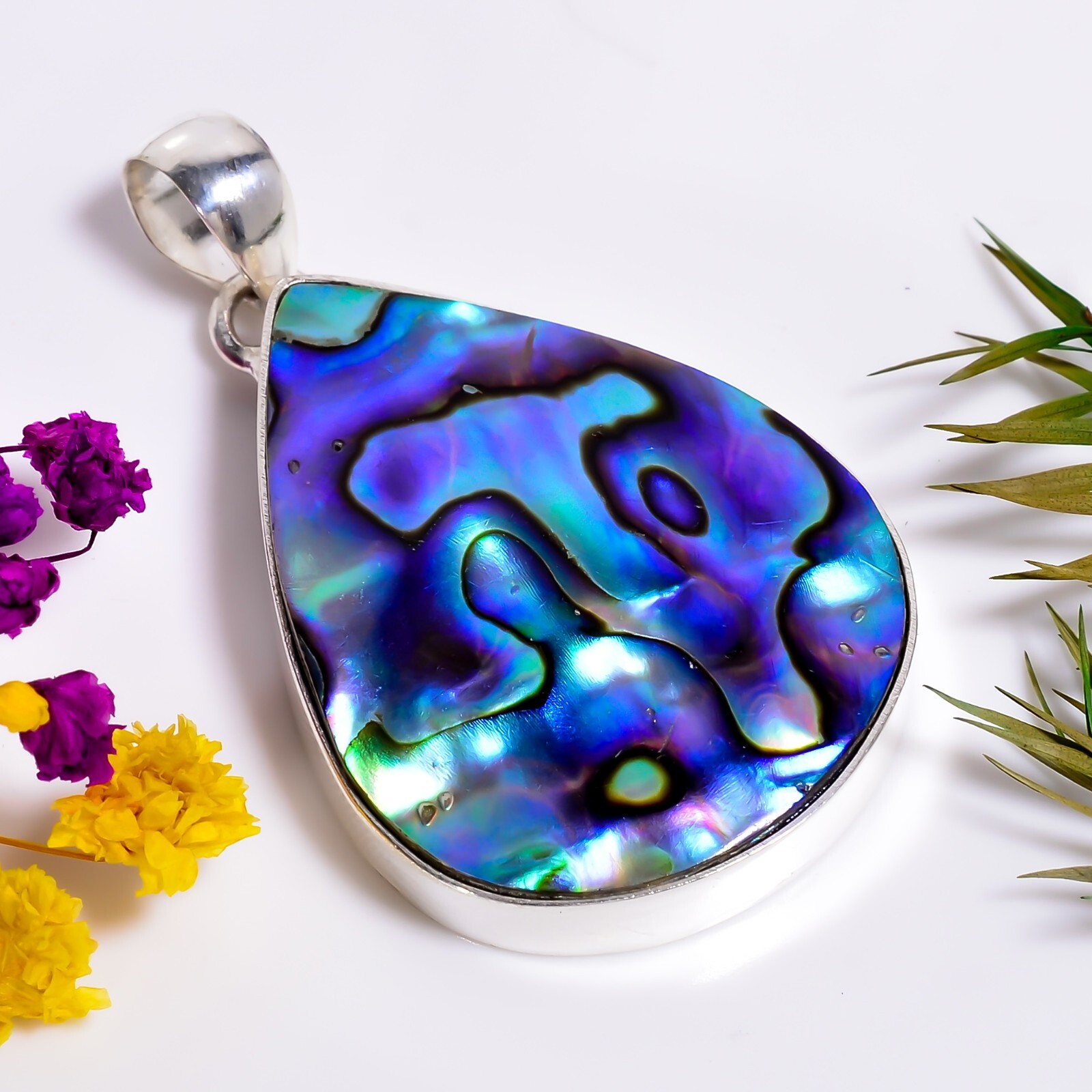 Abalone Shell Gemstone Ethnic Handmade Jewelry.925 Silver Pendant