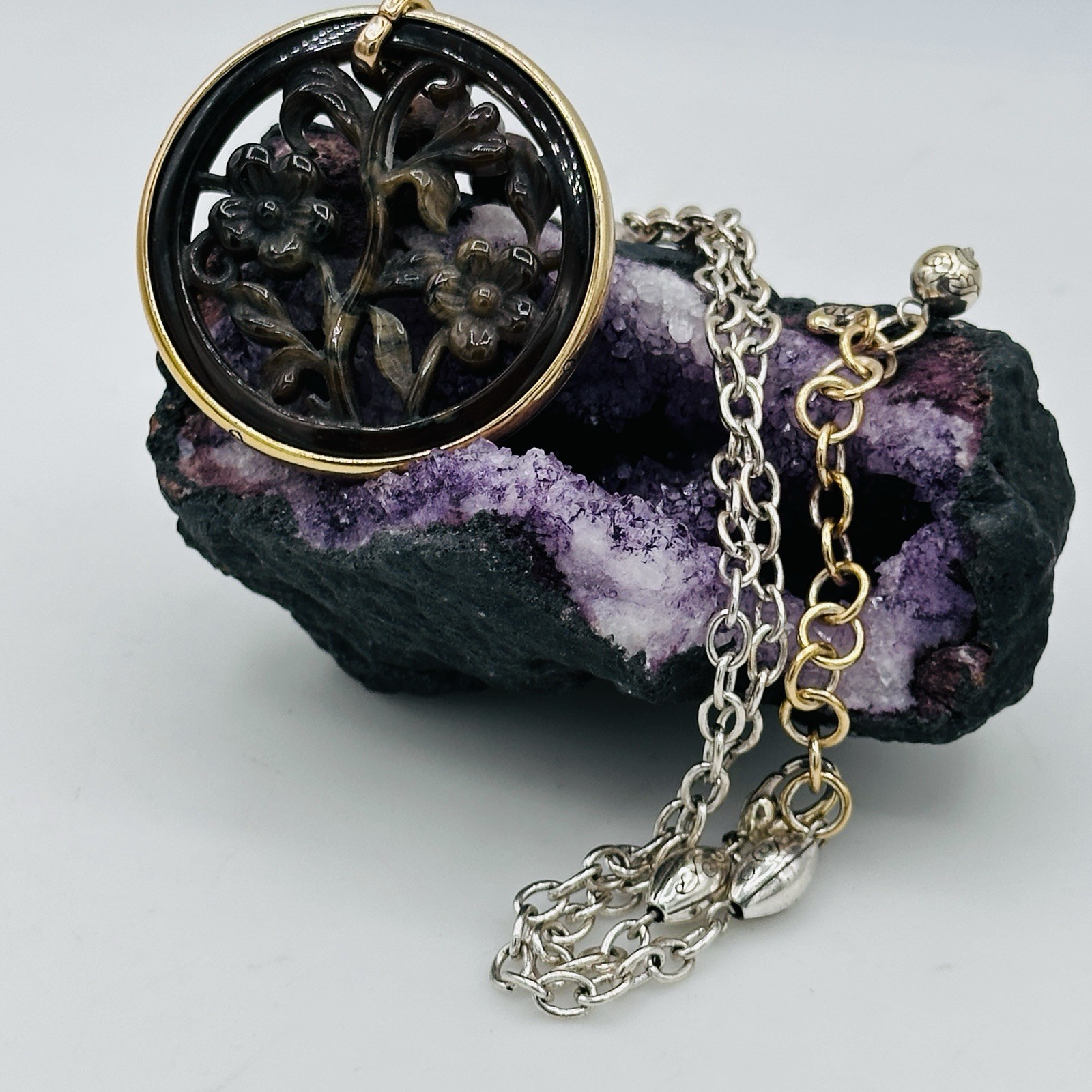Brighton Floral Openwork Resin Pendant Necklace Gold Plated Beaded Chain