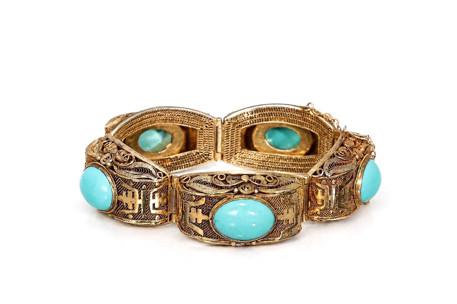 Vintage Chinese Gilt Filigree Silver Turquoise Cabochons Bracelet
