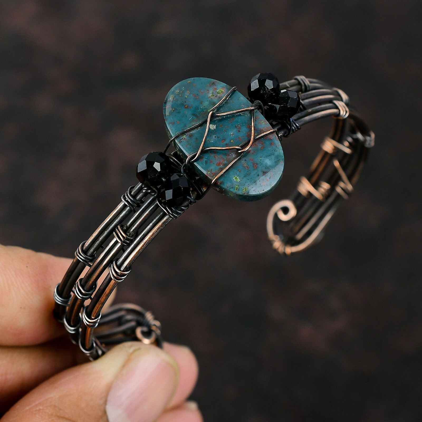 Bloodstone Wire Wrapped Adjustable Bangle Handcrafted Copper Valentine Gift