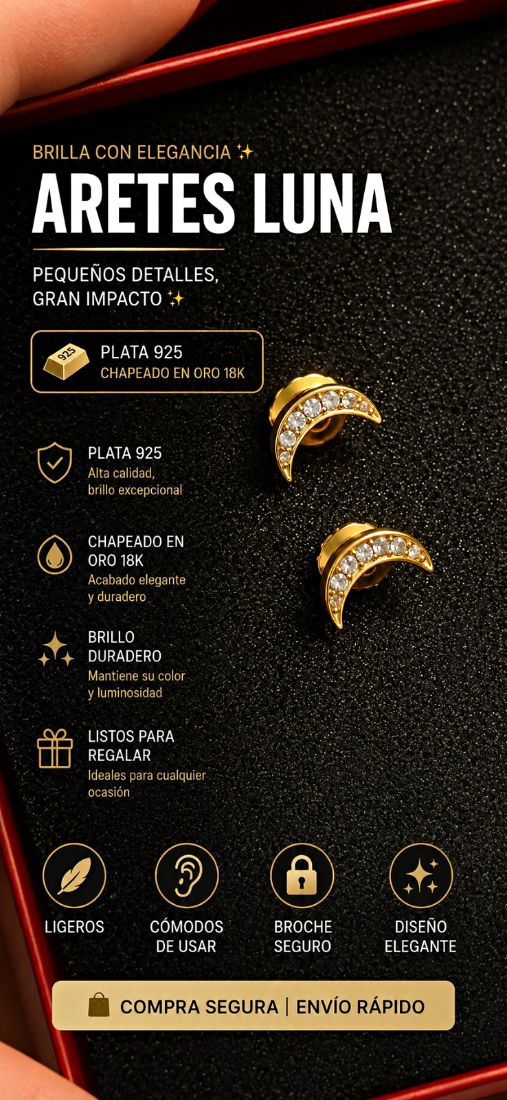 Silver 925 18K Yellow Gold Plated Moon Crystal Stud Earrings Butterfly Back