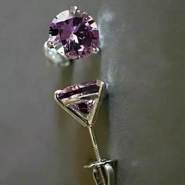 2Ct Round Cut Amethyst Solitaire Screw Back Stud Earrings 14K White Gold Plated