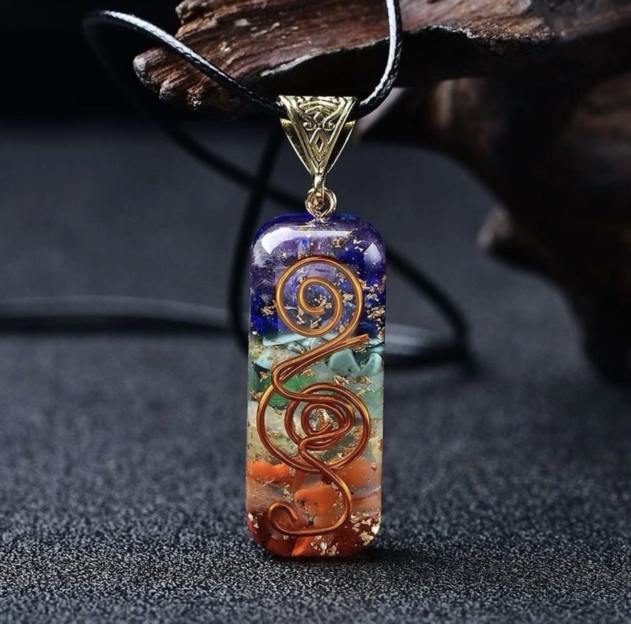 Multicolor Resin Gemstone Rectangle Pendant Charm Necklace on Black Cord