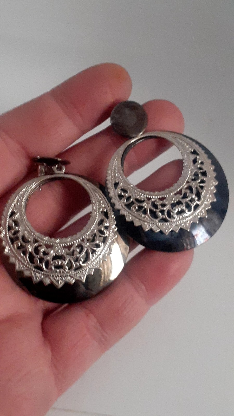 Metallic Gun Metal Grey Silvertone Double Round Door knocker Earrings