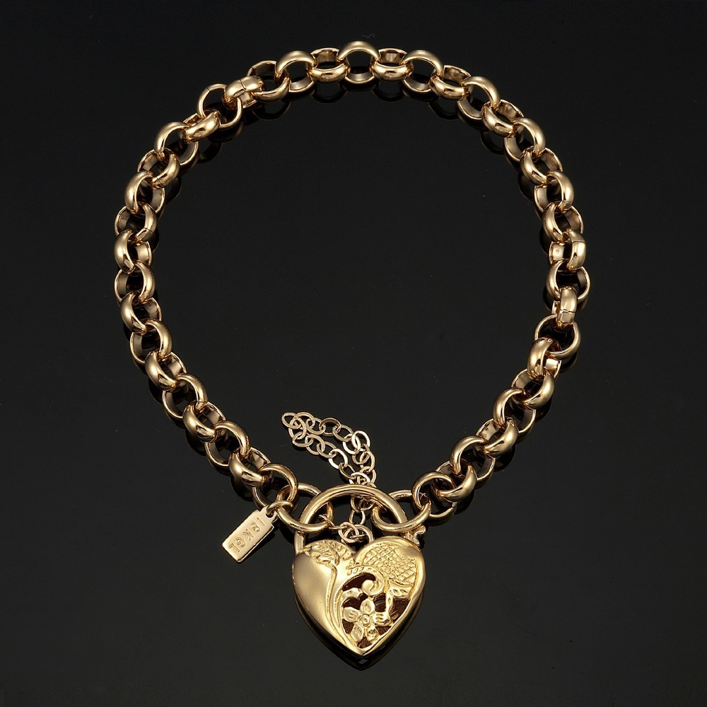 18K GL Solid Belcher Yellow Gold Bracelet & Half Filigree Heart Padlock