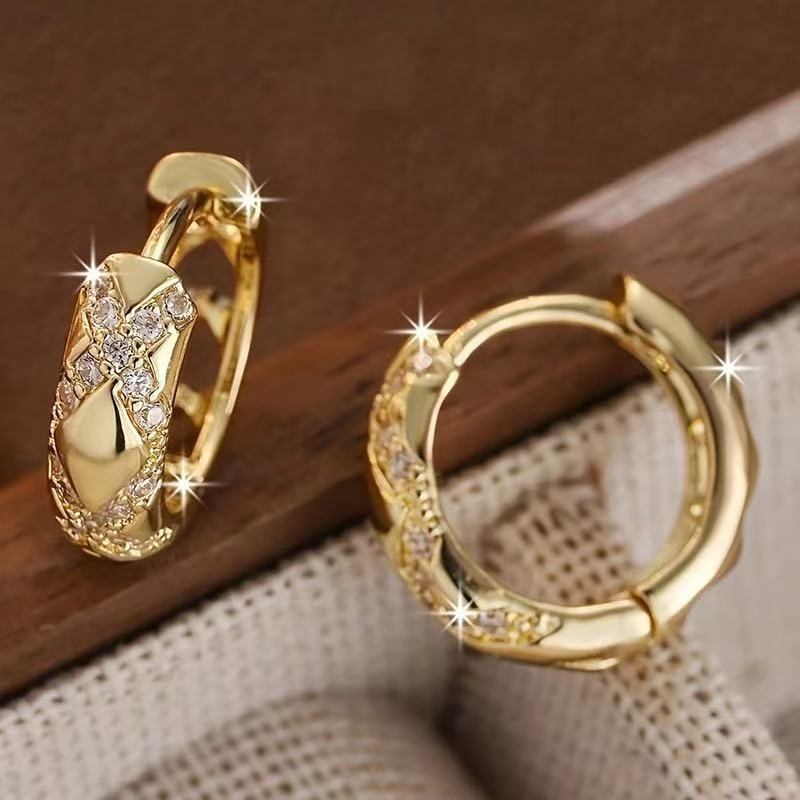 Women 18k Gold Plated CZ Sparkling Round Hollow Hoop Huggie Earring Stud 16mm