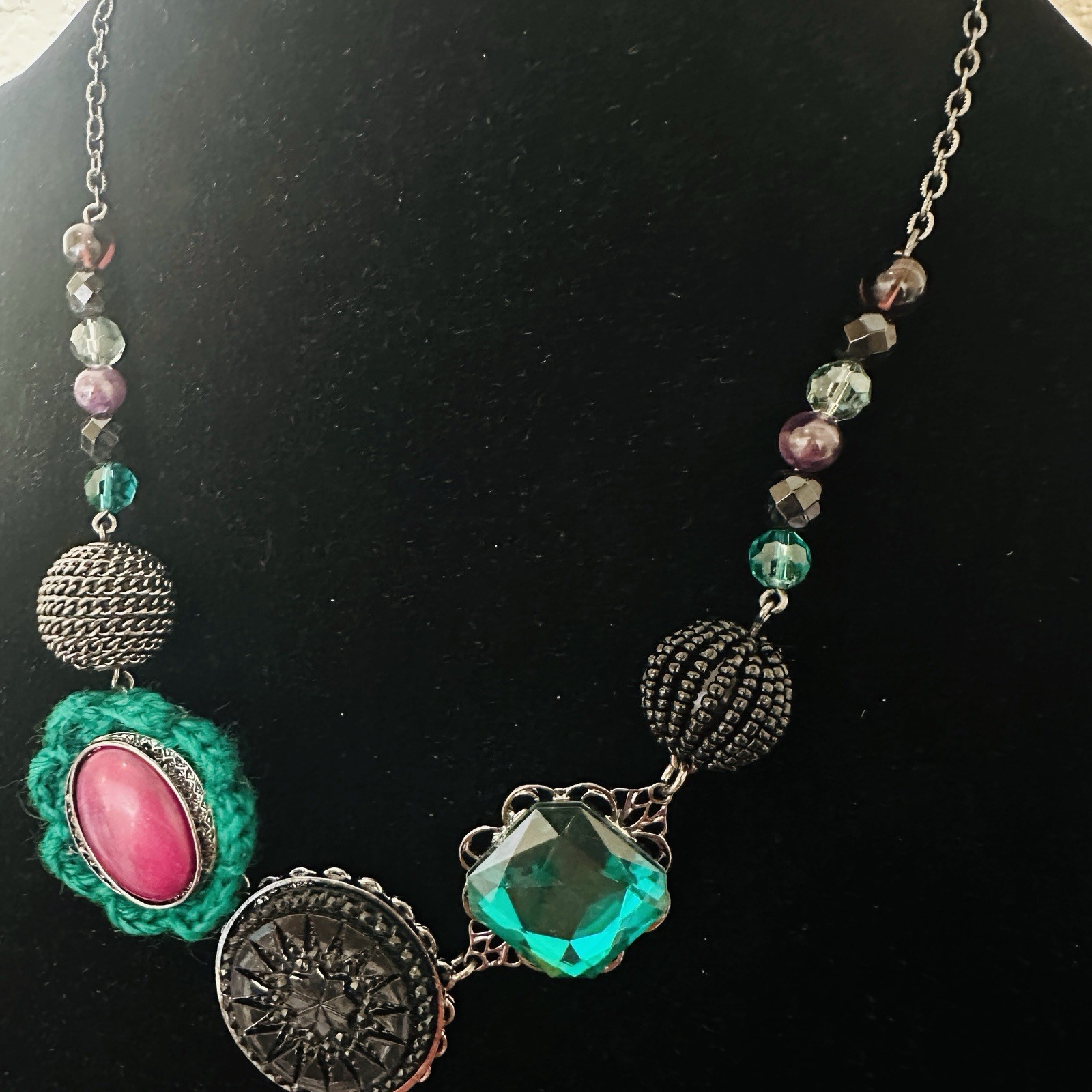 Mixed Media Necklace Purple And Green Crocheted Beaded Chain 21” Adjustable