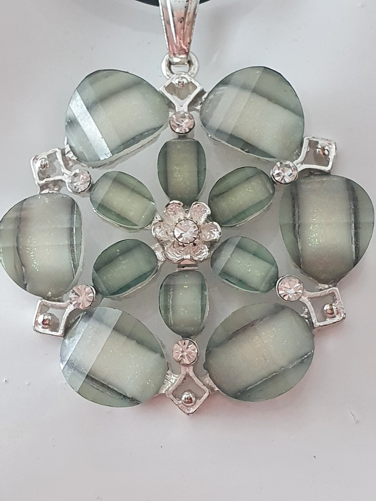 Sparkly Green Floral Clear Rhinestone Sliver Tone Black Cord Pendant Necklace